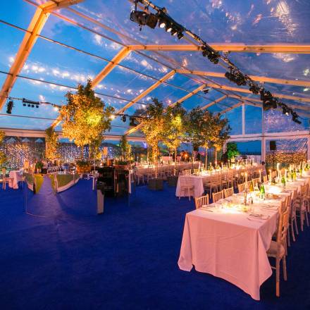 Interior view of a dramatic transparent tent
