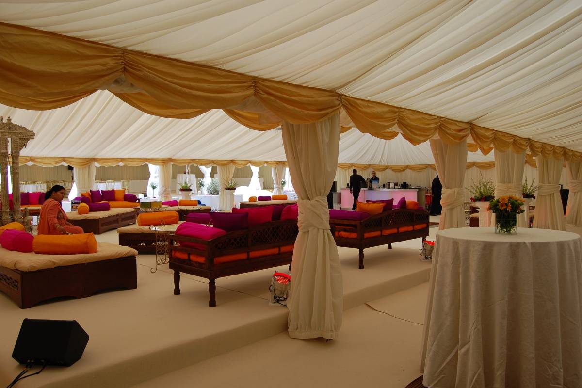 View of multiple marquees at an Indian wedding