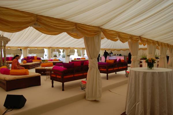 View of multiple marquees at an Indian wedding