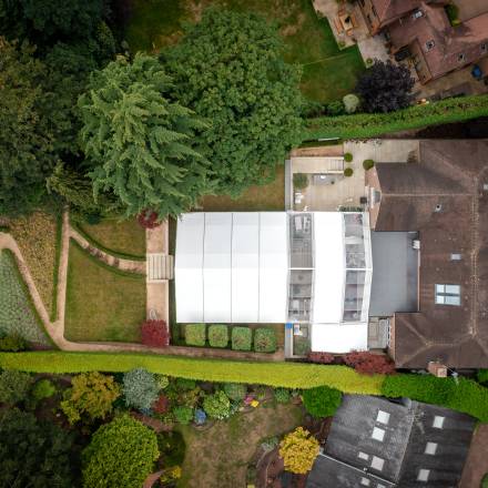 Drone view of a large frame tent