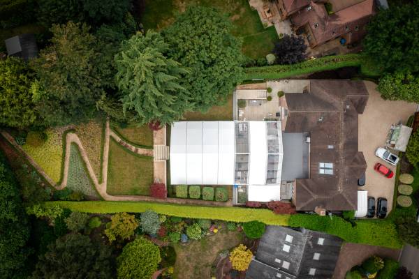 Drone view of a large frame tent