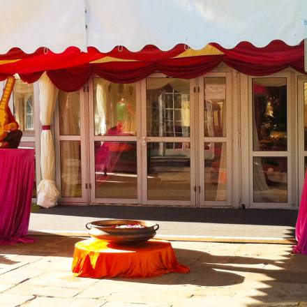 Marquee entrance with musician figures