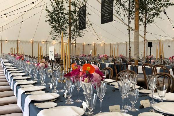 Long tables with colourful decoration