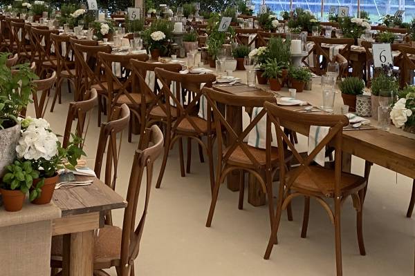 Rustic trestles and cross back chairs