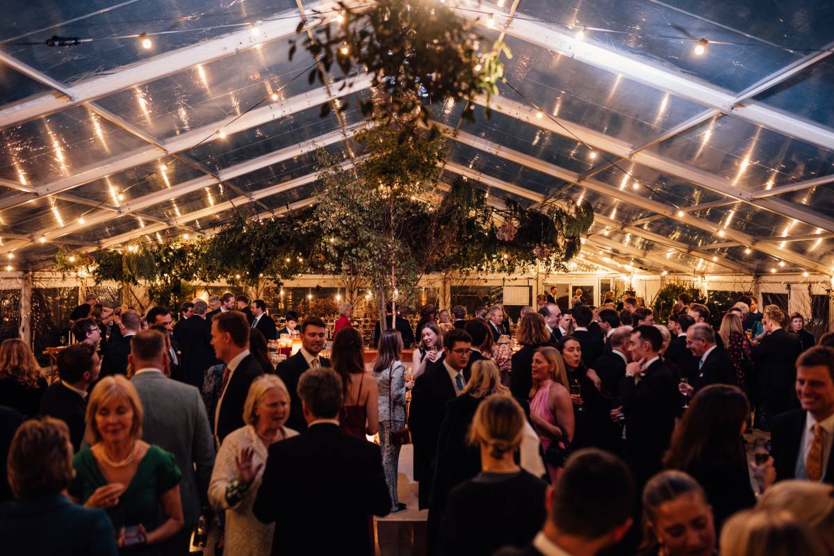 Inside a large transparent marquee near Chichester