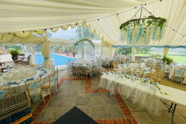 Complicated marquee layout with clearspan structures arranged around a swimming pool