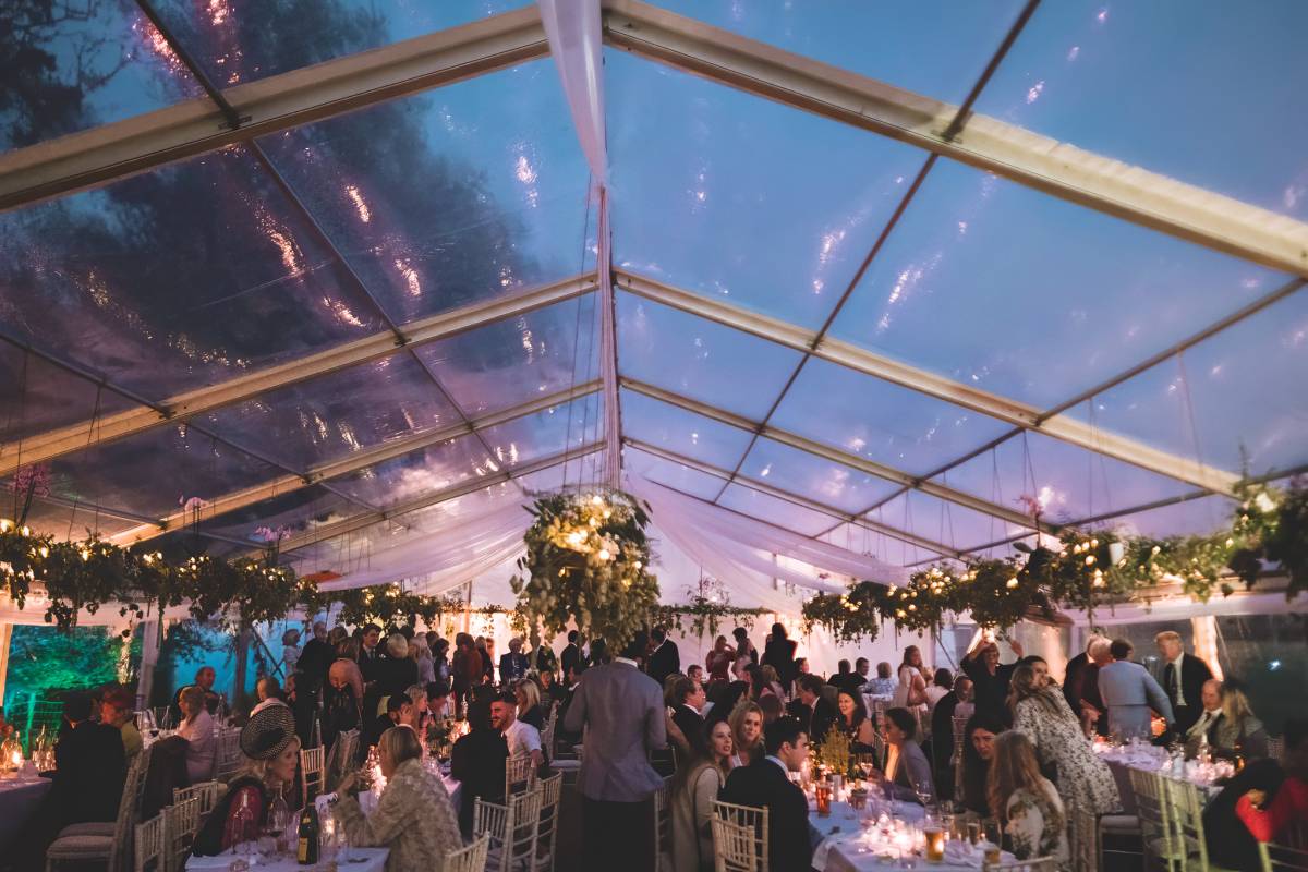 Clear marquee with hanging plants illuminated at night