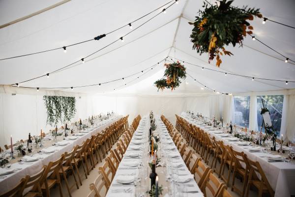 Trestle tables and wooden folding chairs