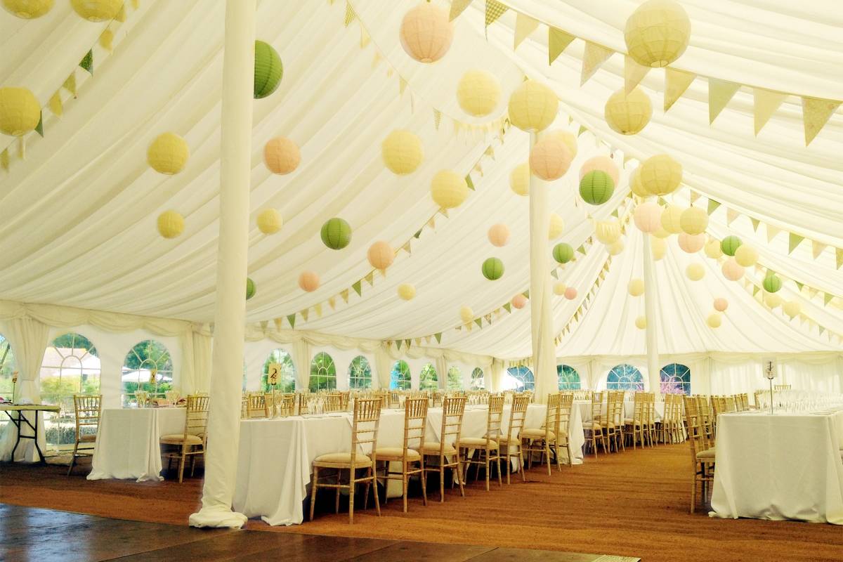 Horsham tent with bunting and lanterns for decoration