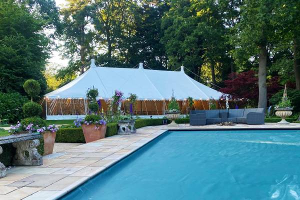 Traditional tent by a swimming pool