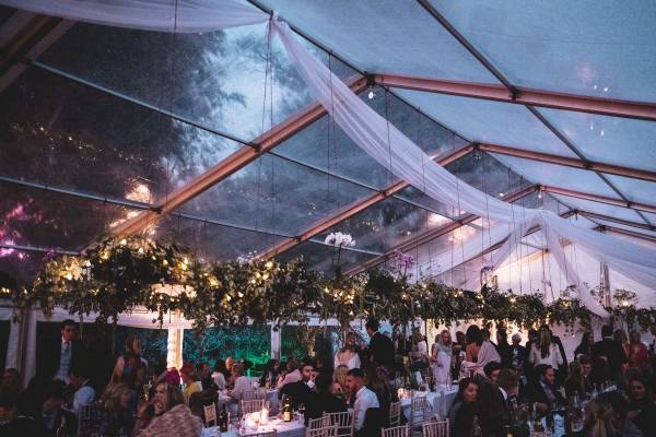 Clear roof marquee with festoon lights strung through