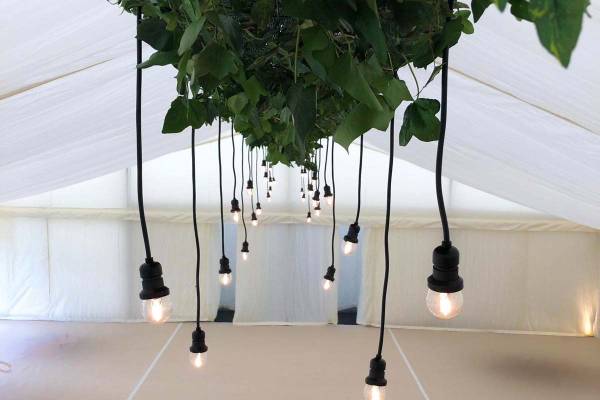 Drop festoon lights hanging from the roof