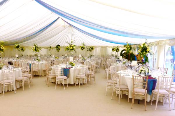 Elegant light wedding marquee with a topiary elephant