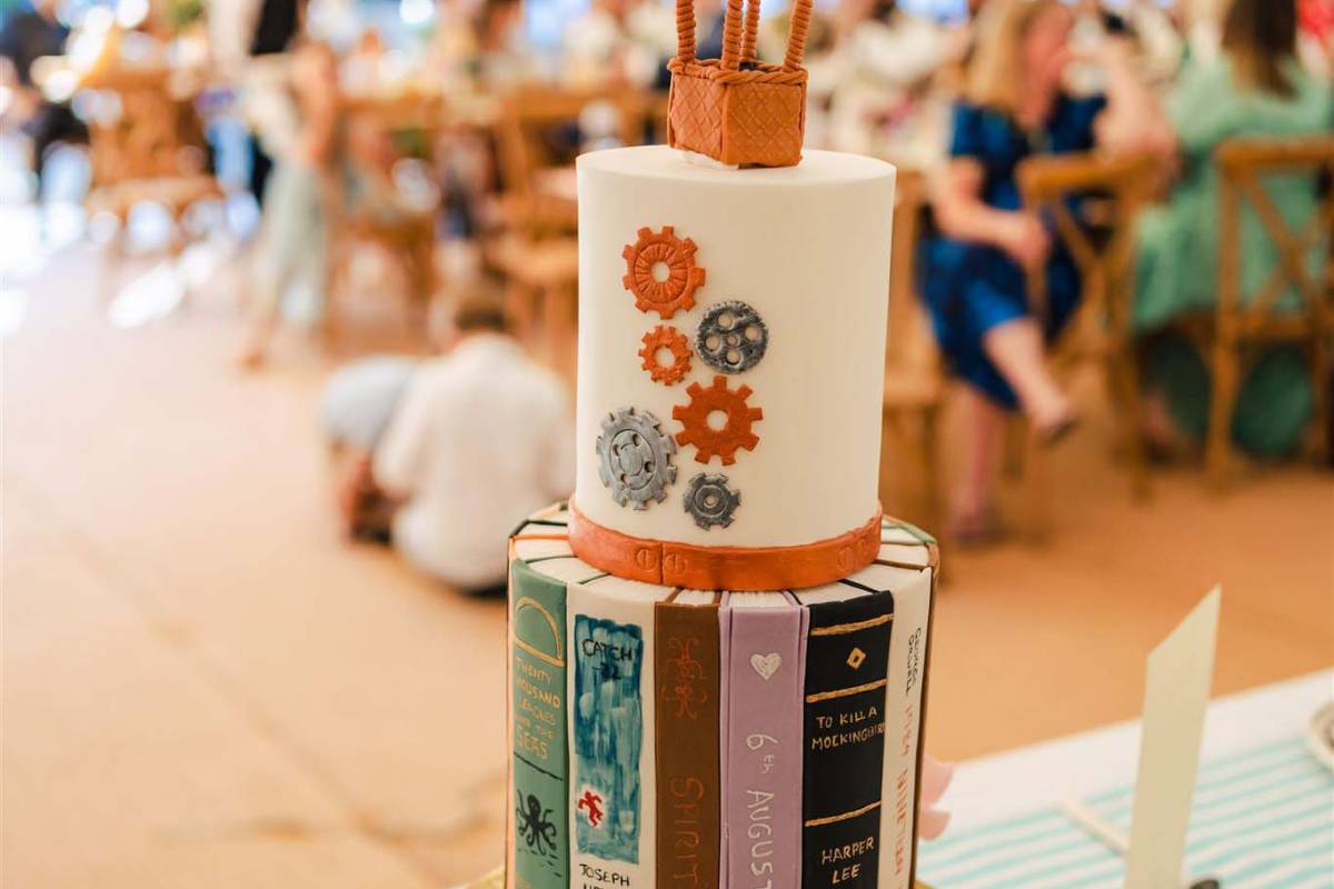 Personalised wedding cake designed to look like a stack of books