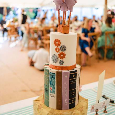 Personalised wedding cake designed to look like a stack of books