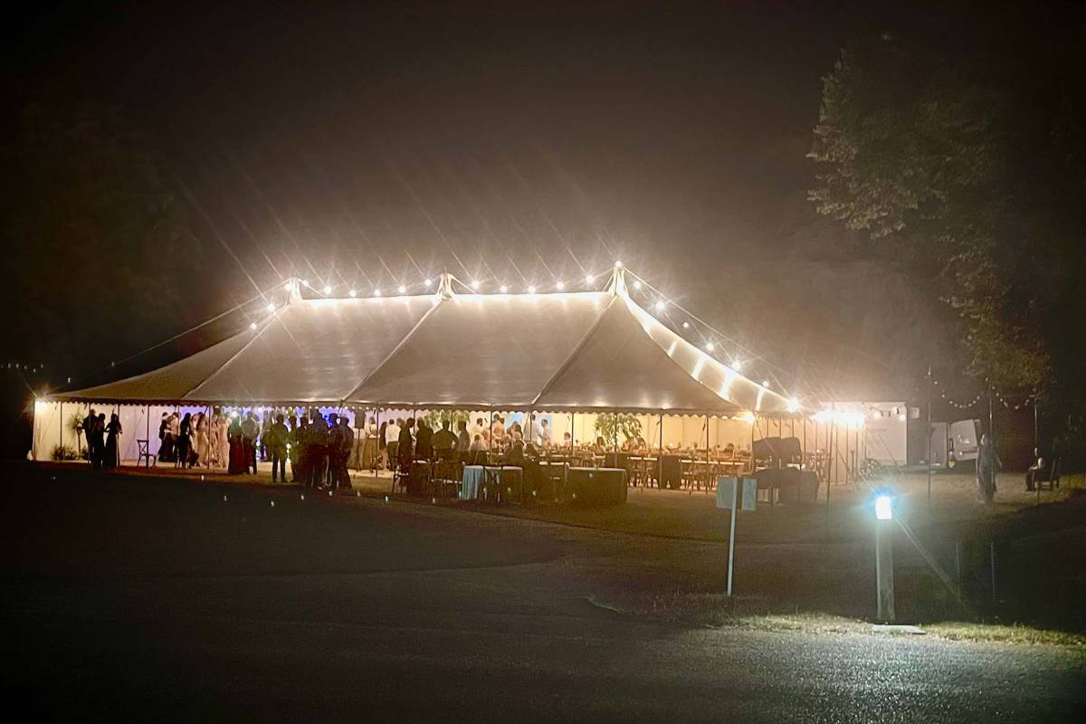 Traditional tent lit up at night
