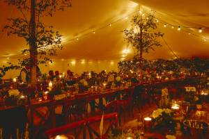 Marquee with festoon lights, fairy lights and candles
