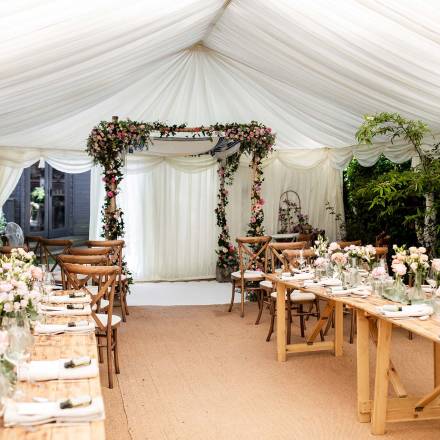 Pretty small marquee for a Jewish wedding ceremony, dinner and dancing in the garden