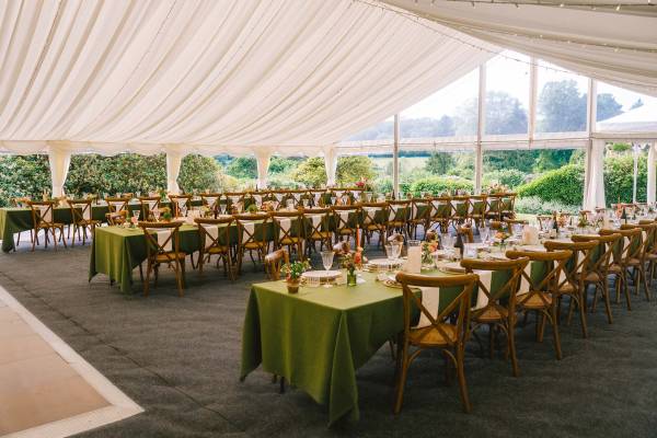 Frame tent decorated in muted earthy colours