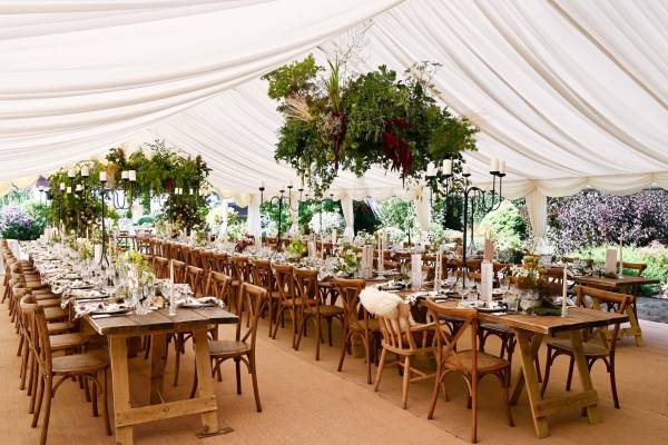 Clearspan tent with large hanging flowers